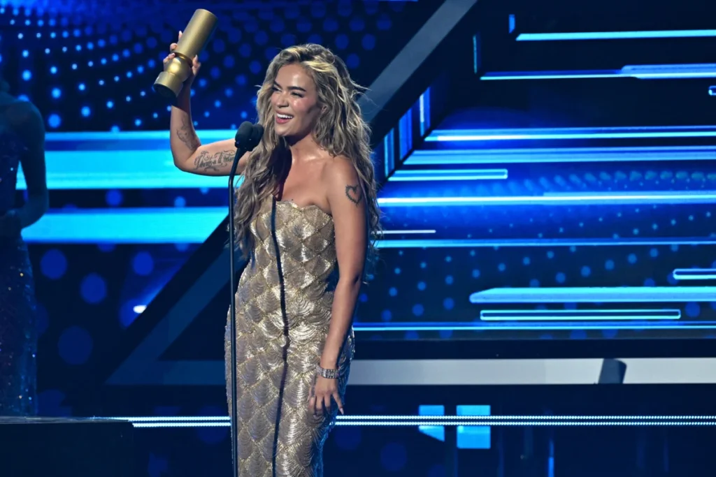 Karol G at the 2025 Billboard Latin Music Awards held at The Fillmore Miami Beach on October 23, 2025 in Miami Beach, Florida.